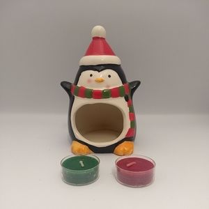 Penguin Holiday Tea Light North Pole Ceramic + 2 Bonus Candles  6"h x 4"w